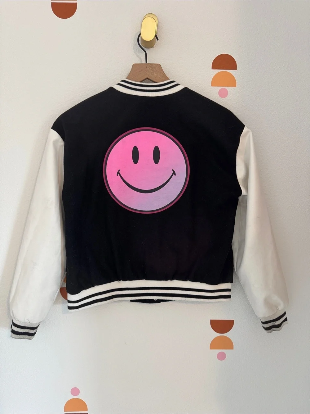 Justice Black & White Varsity Jacket with Pink Lettering N0098